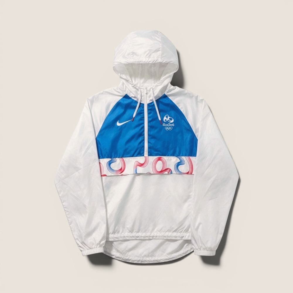 Nike Rio 2016 Olympic Games Half Zip Windbreaker Hooded Jacket White Blue Mens M